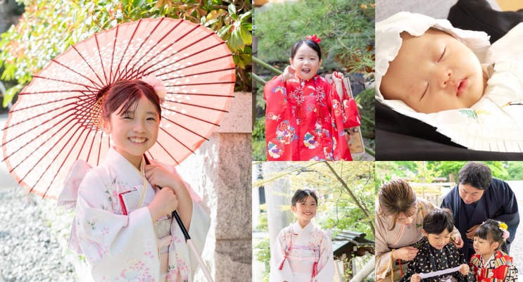 和傘を手に持つ七五三の女の子や、産着に包まれたお宮参りの赤ちゃんの写真