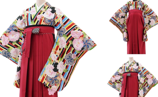 花柄にカラフルなストライプと赤い袴の衣裳