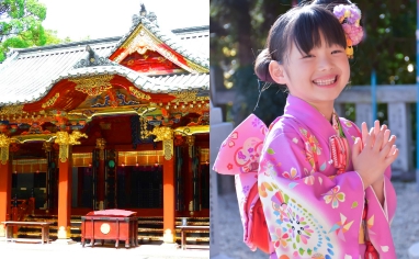 根津神社と着物を着て手を合わせている7歳女児