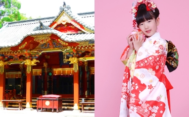 根津神社と着物を着て鞠を手にしている7歳女児