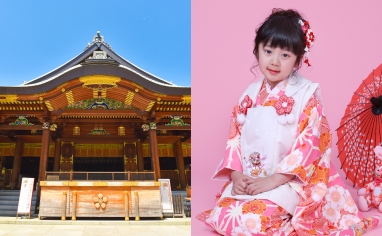 湯島天神と着物を着て座っている3歳の少女